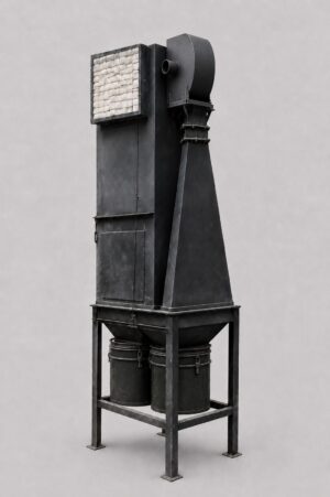 Schwarze Entstaubungsanlage mit Filtergehäuse, Ventilator und zwei Sammelbehältern