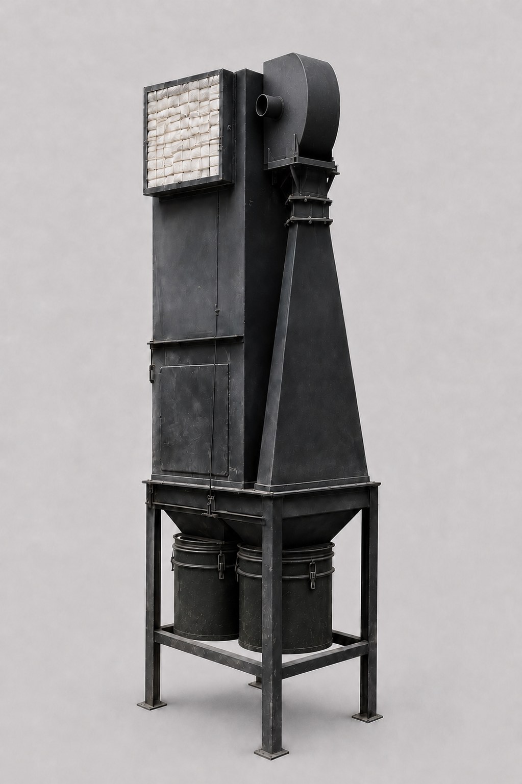Schwarze Entstaubungsanlage mit Filtergehäuse, Ventilator und zwei Sammelbehältern